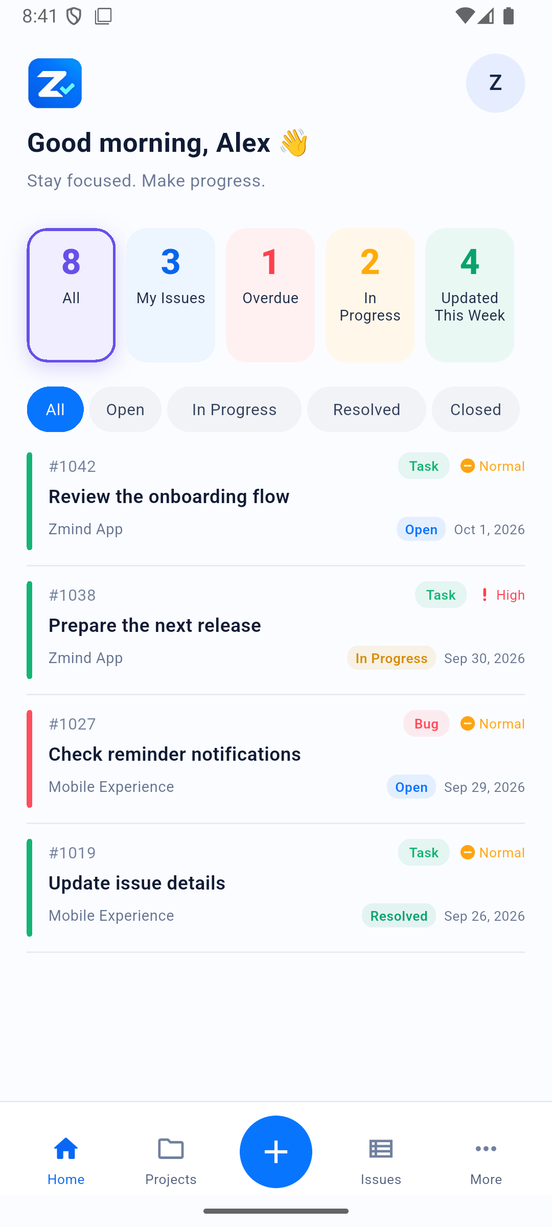 Zmind dashboard with issue counts, status filters, and a focused issue list